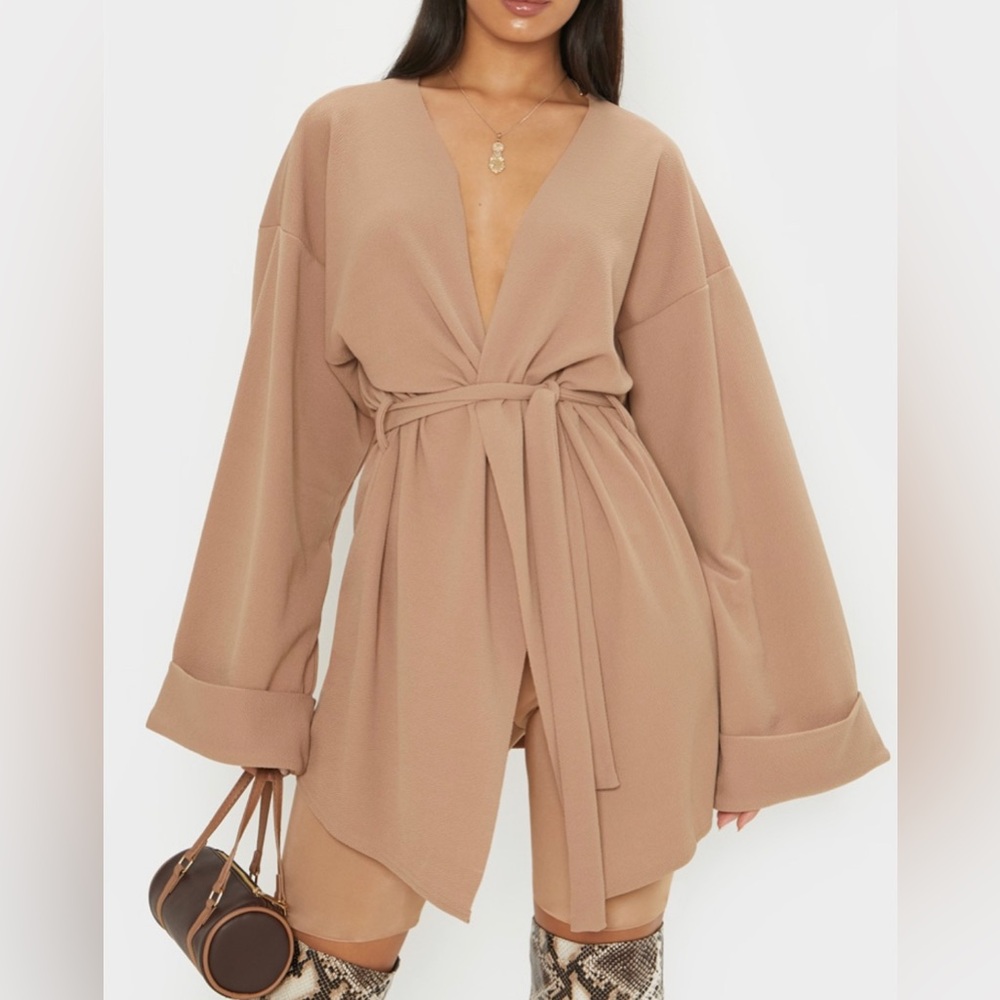 Camel Belted Oversized Sleeve Blazer